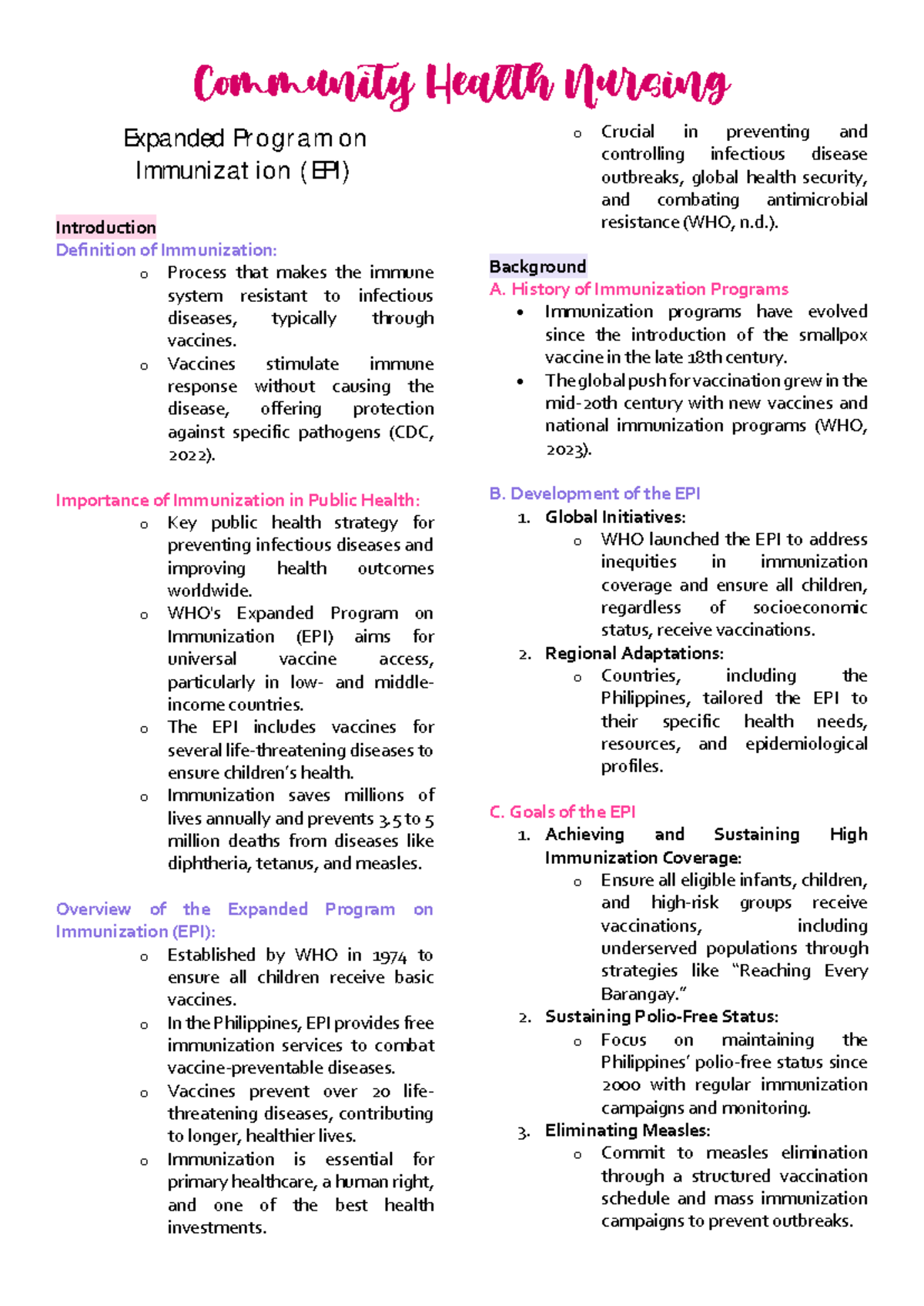Community Health Nursing: Expanded Program on Immunization (EPI ...