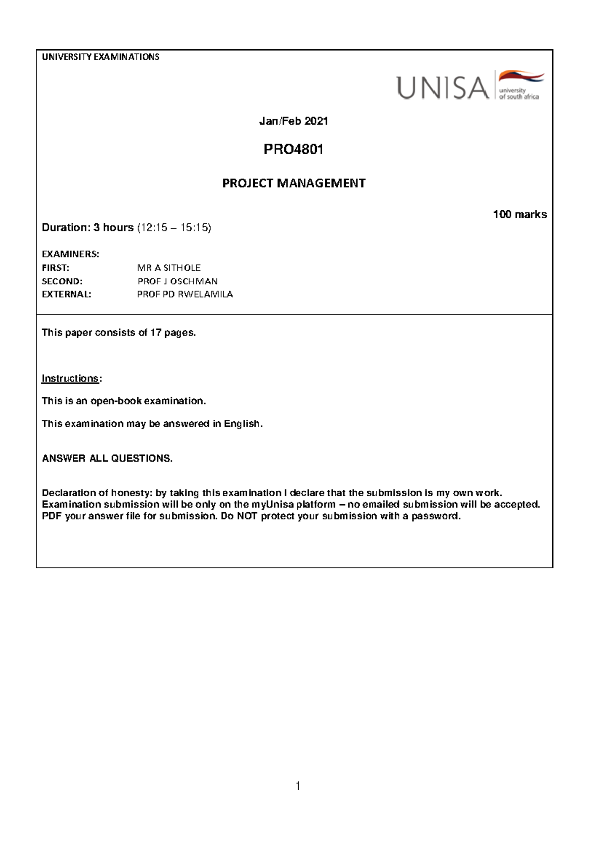 PRO4801 Final Exam - Project Management Jan/Feb 2021 - Studocu