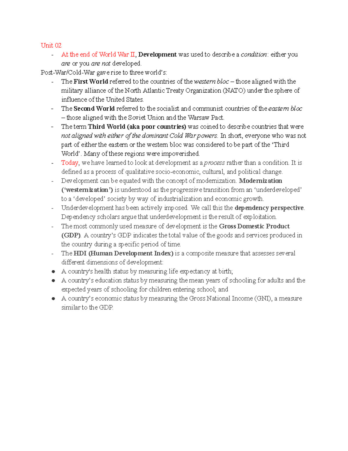 IDEV 1000 - Notes - Unit 02 - At the end of World War II, Development ...