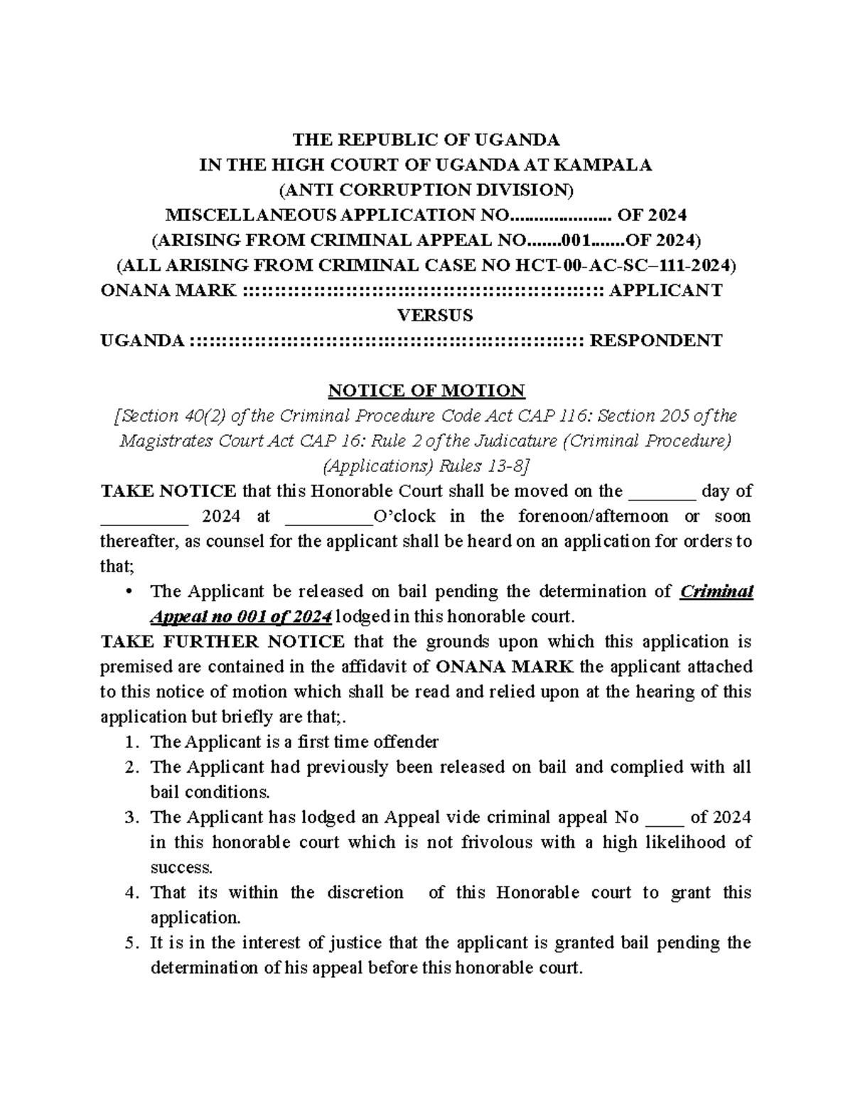 Application for Bail Pending Criminal Appeal No. 001 of 2024 - Studocu