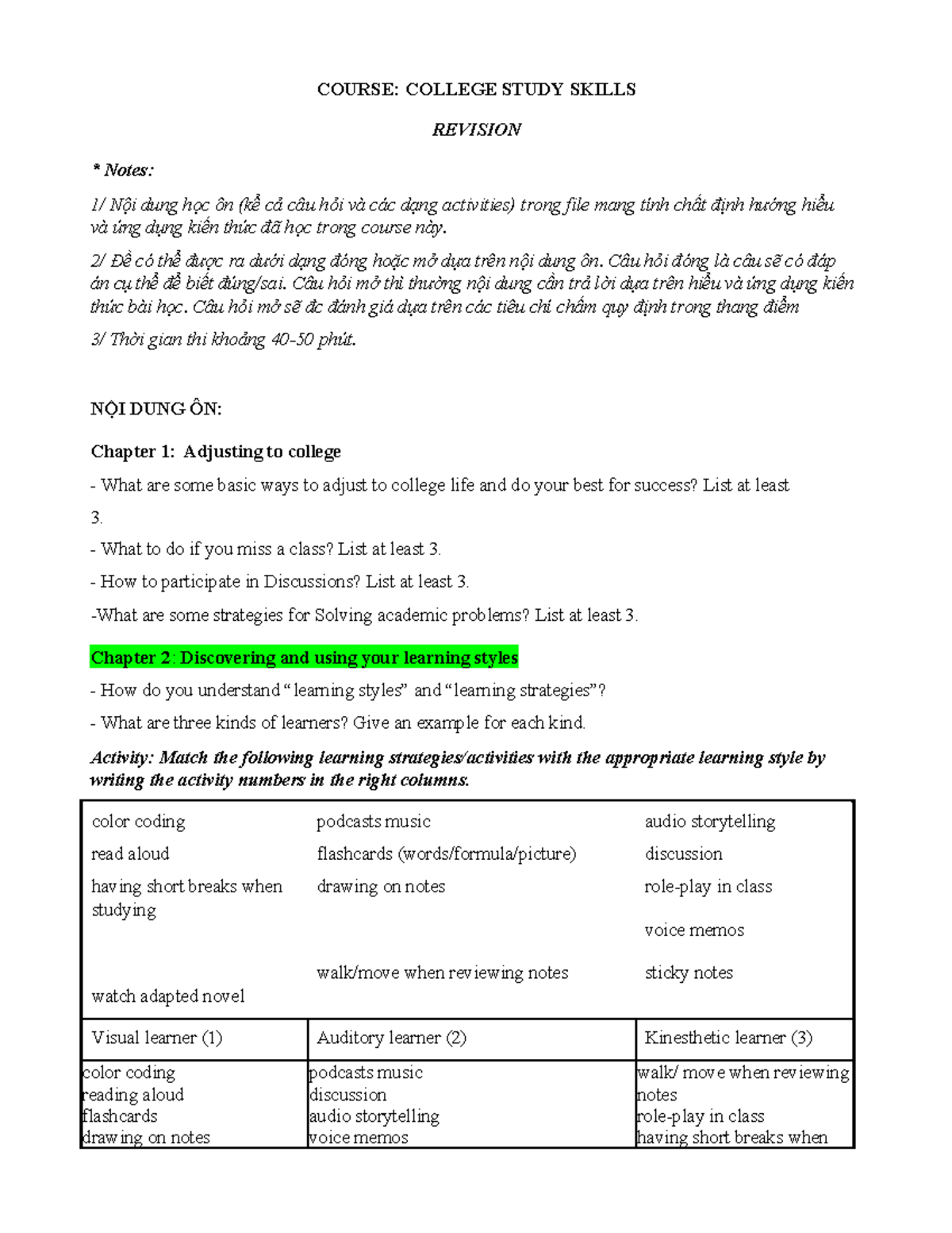 KNHĐH College Study Skills Revision Notes for Final Exam - Studocu