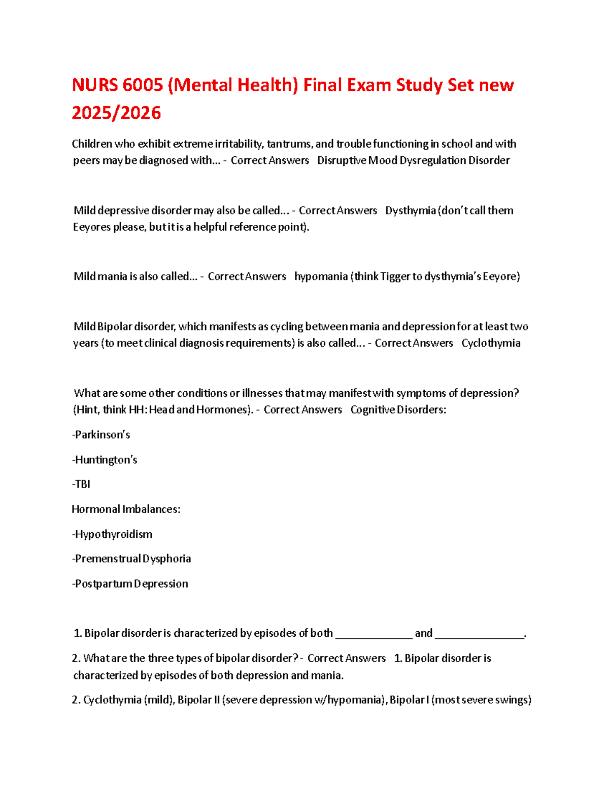 NURS 6005 Mental Health Final Exam Study Guide: Key Concepts and ...