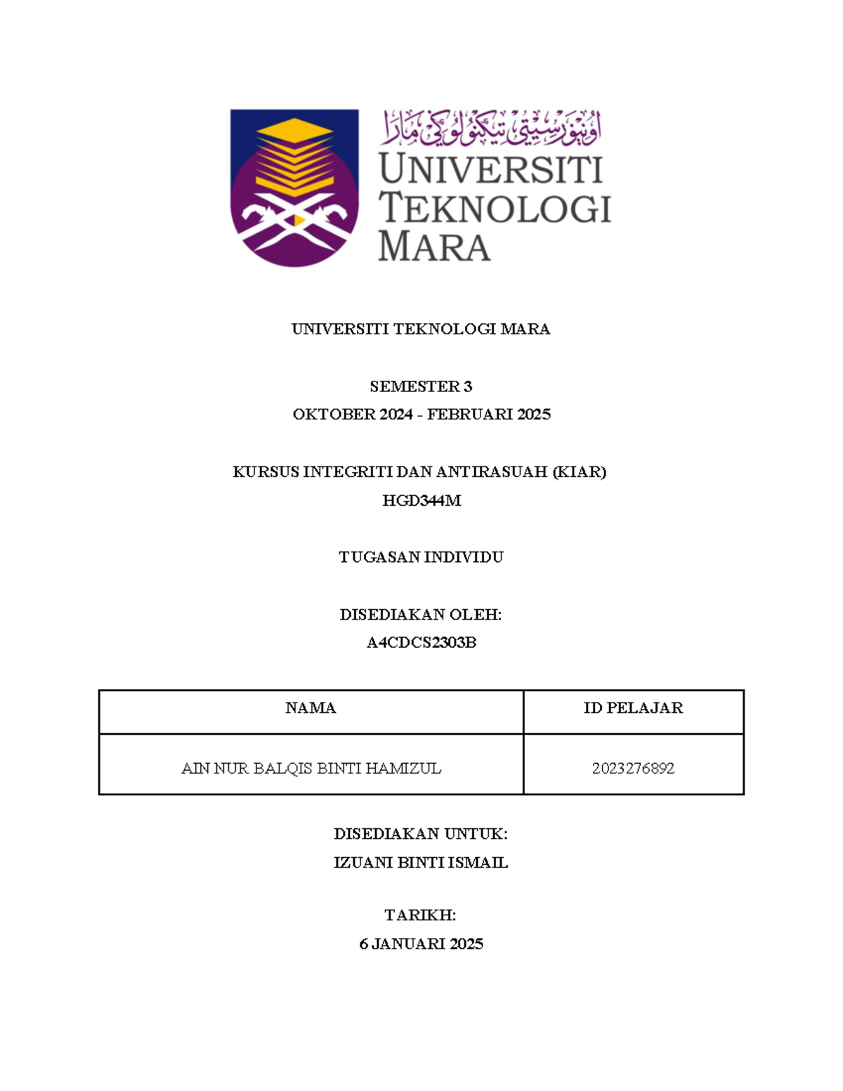 KIAR Tugasan Individu 2023276892 UNIVERSITI TEKNOLOGI MARA SEMESTER 3