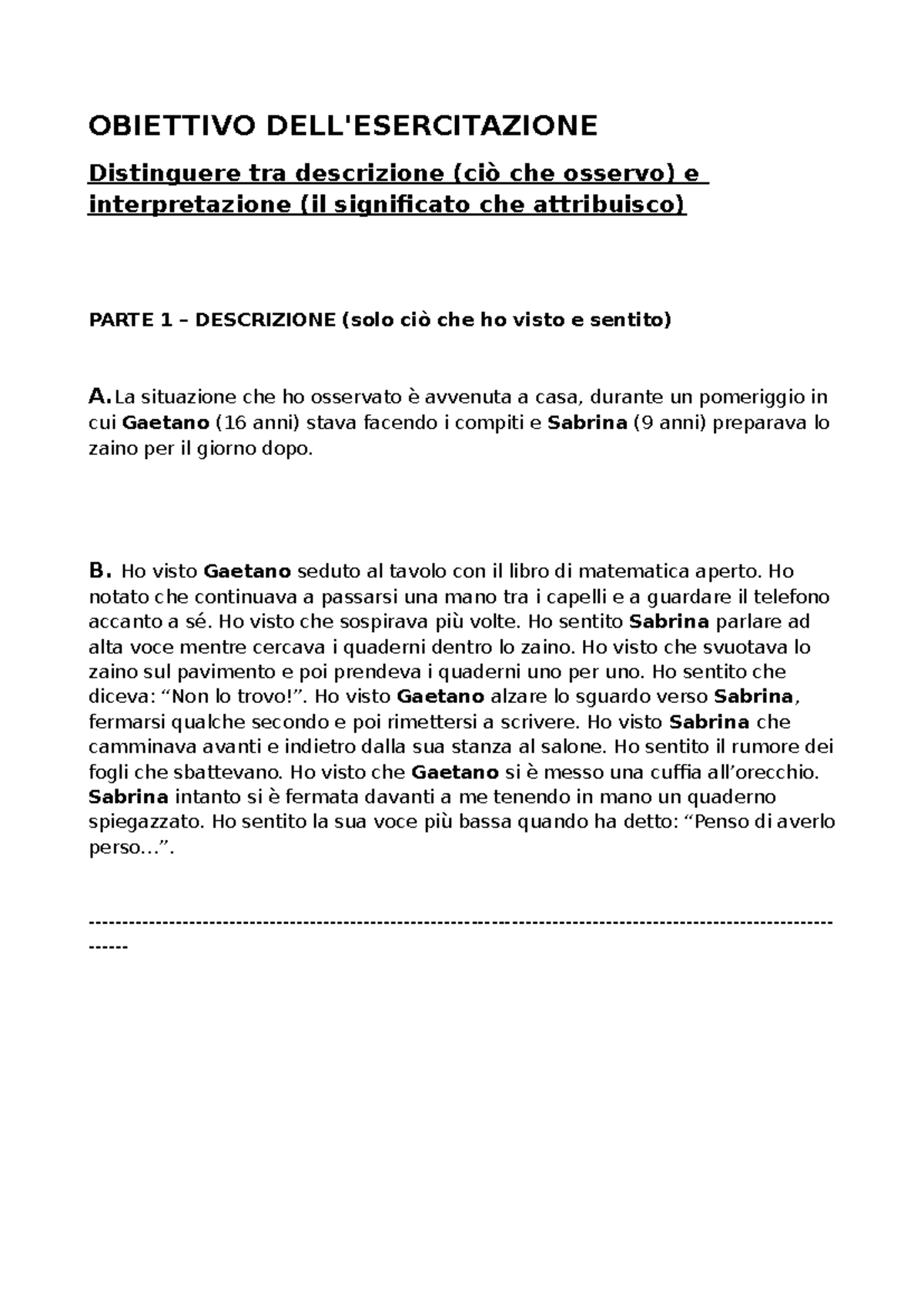 Esercitazione OBIETTIVO: Distinguere Descrizione e Interpretazione ...