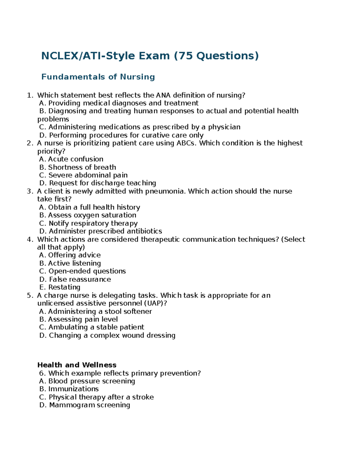 215 Final Exam - Practice Test for Fundamentals of Nursing - Studocu