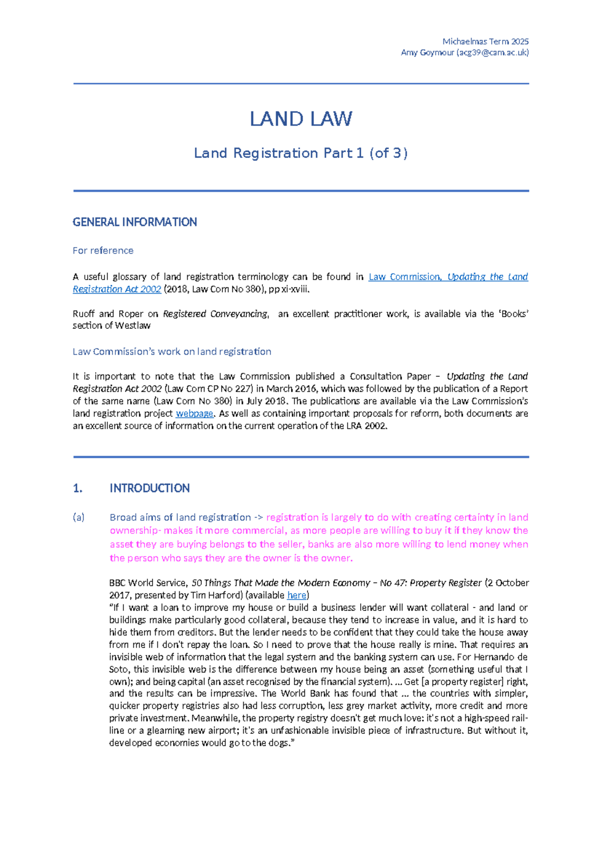 Land Registration Overview - LAND LAW (2025-26) Part 1 of 3 - Studocu
