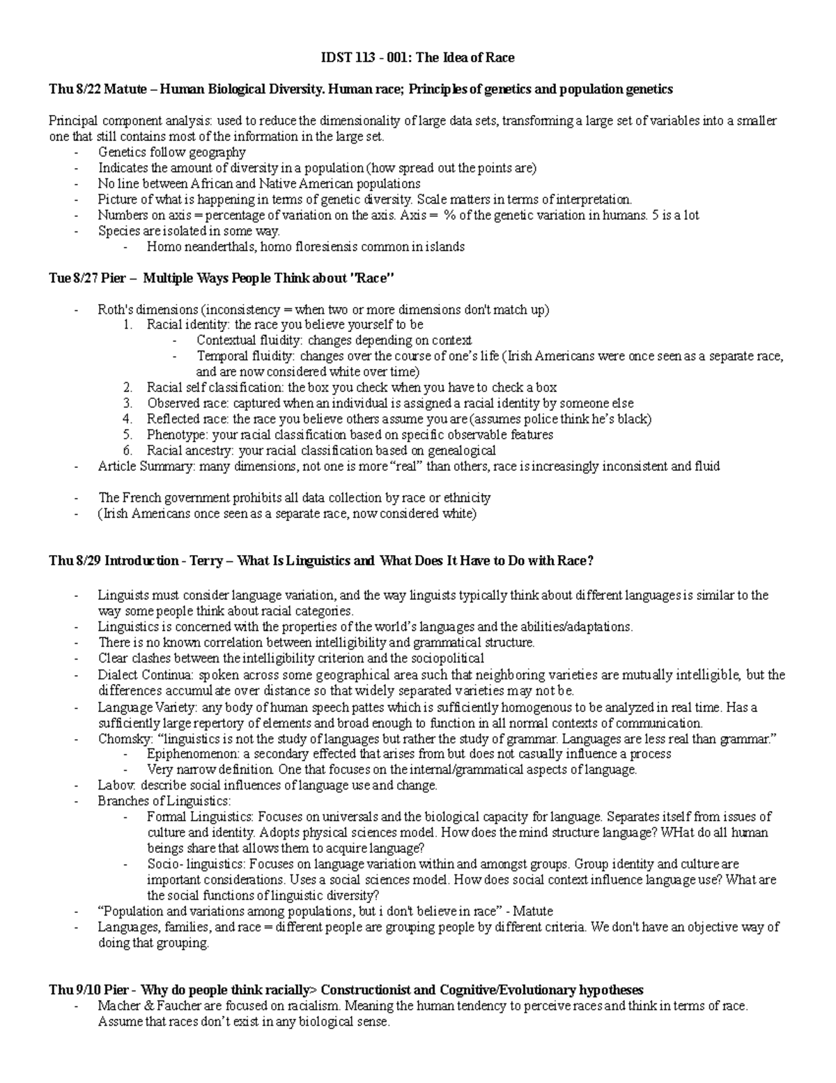 IDST 113 - 001 The Idea of Race: Comprehensive Notes & Insights - Studocu