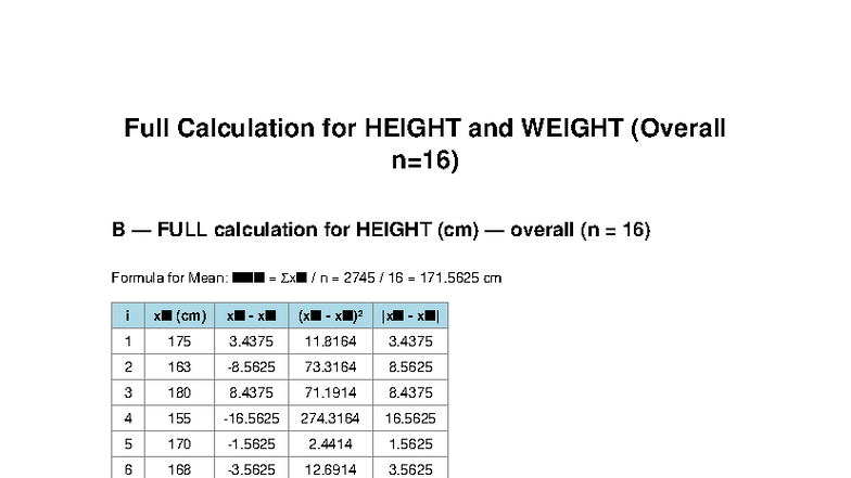 B FULL Calculation for Height & Weight Analysis - Studocu