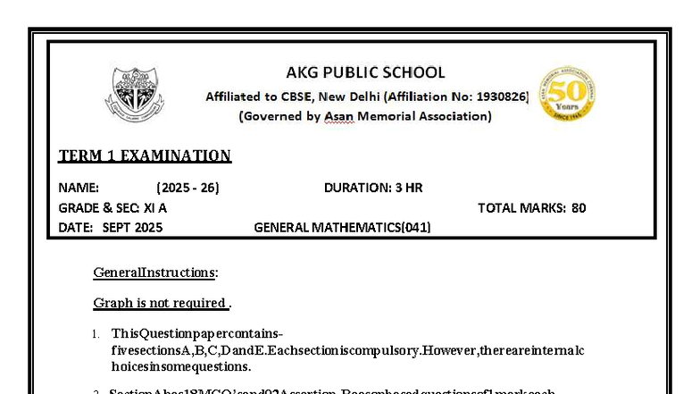 Grade 11 General Mathematics (041) Term 1 Exam Solutions 2025-26 - Studocu