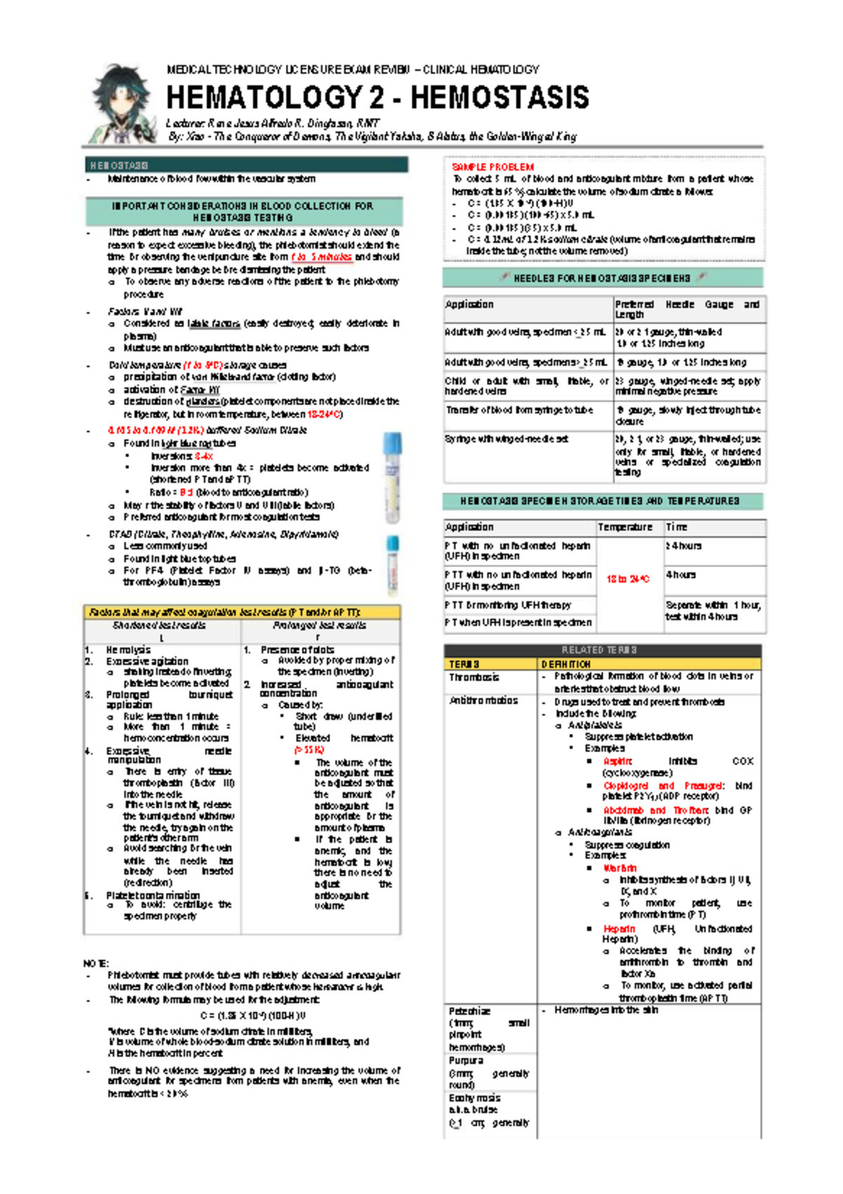 Hematology 2 (MEDTECH 101): Clinical Hemostasis Review Notes - Studocu
