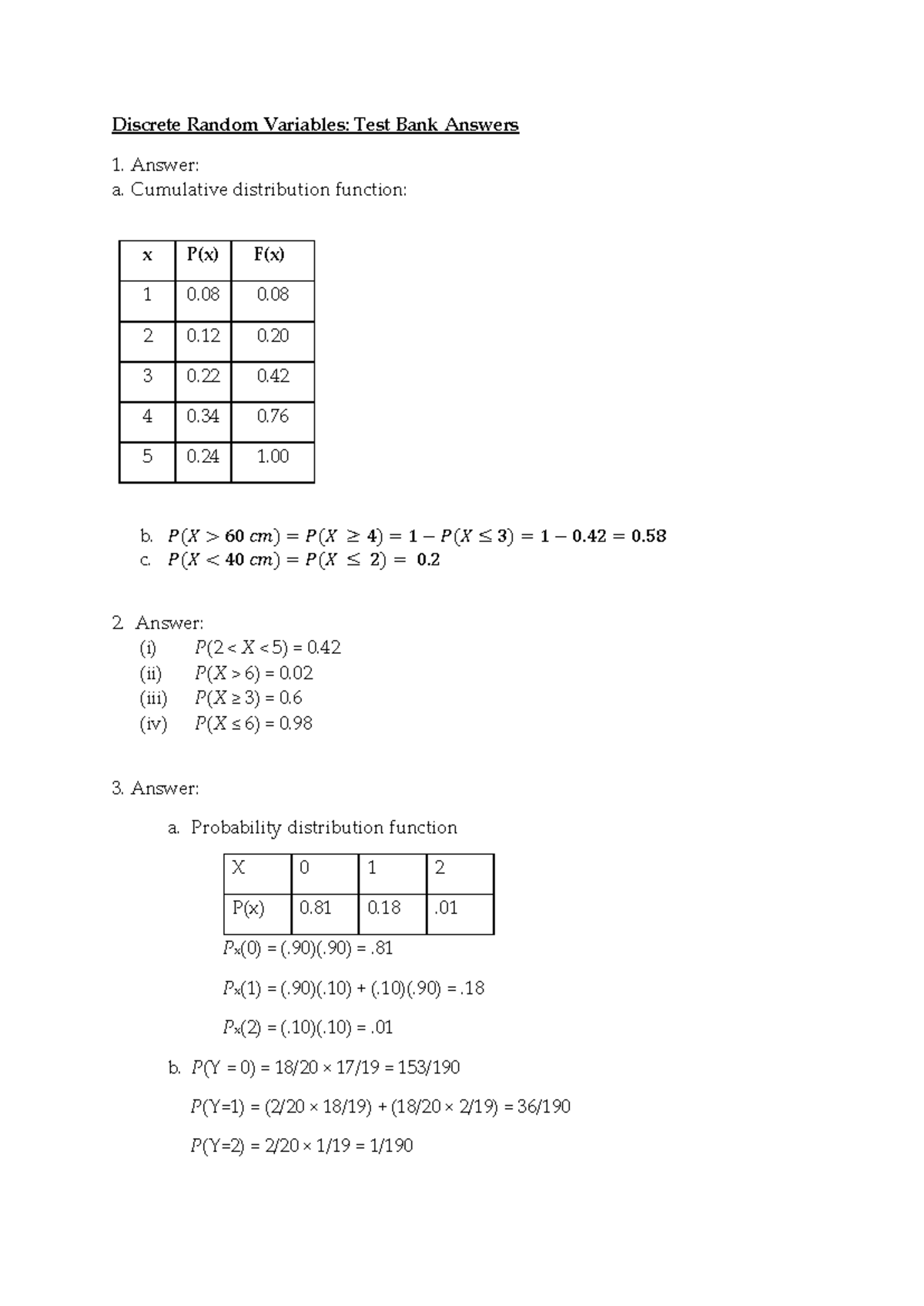 Discrete Random Variables: Topic 3 Test Bank Answer Key - Studocu