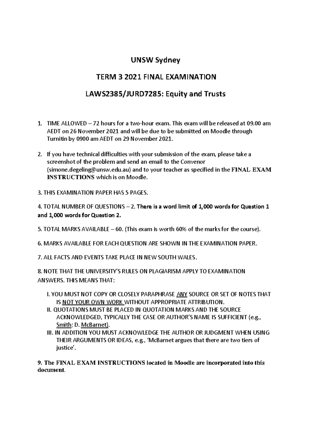 Equity and Trusts LAWS2385/JURD7285 - T3 2021 Final Exam Paper - Studocu