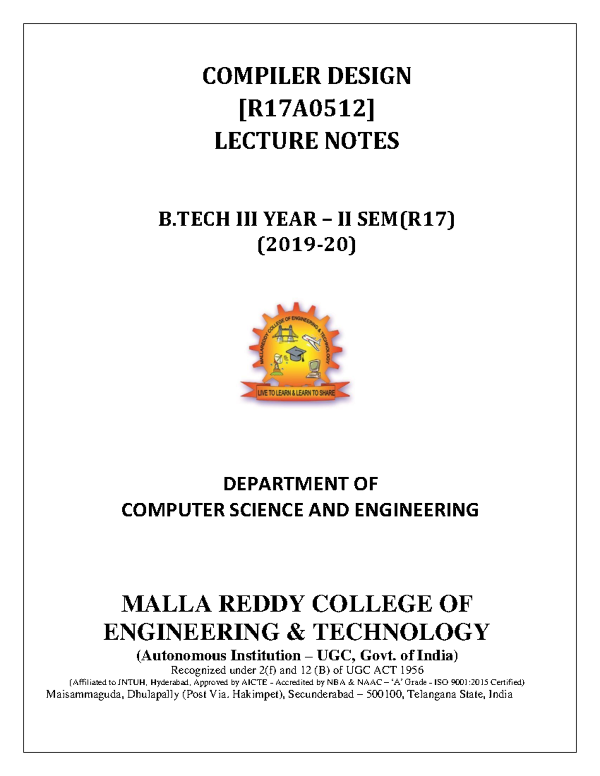 COMPILER DESIGN LECTURE NOTES B.TECH II SEM (R17) CSE - Studocu