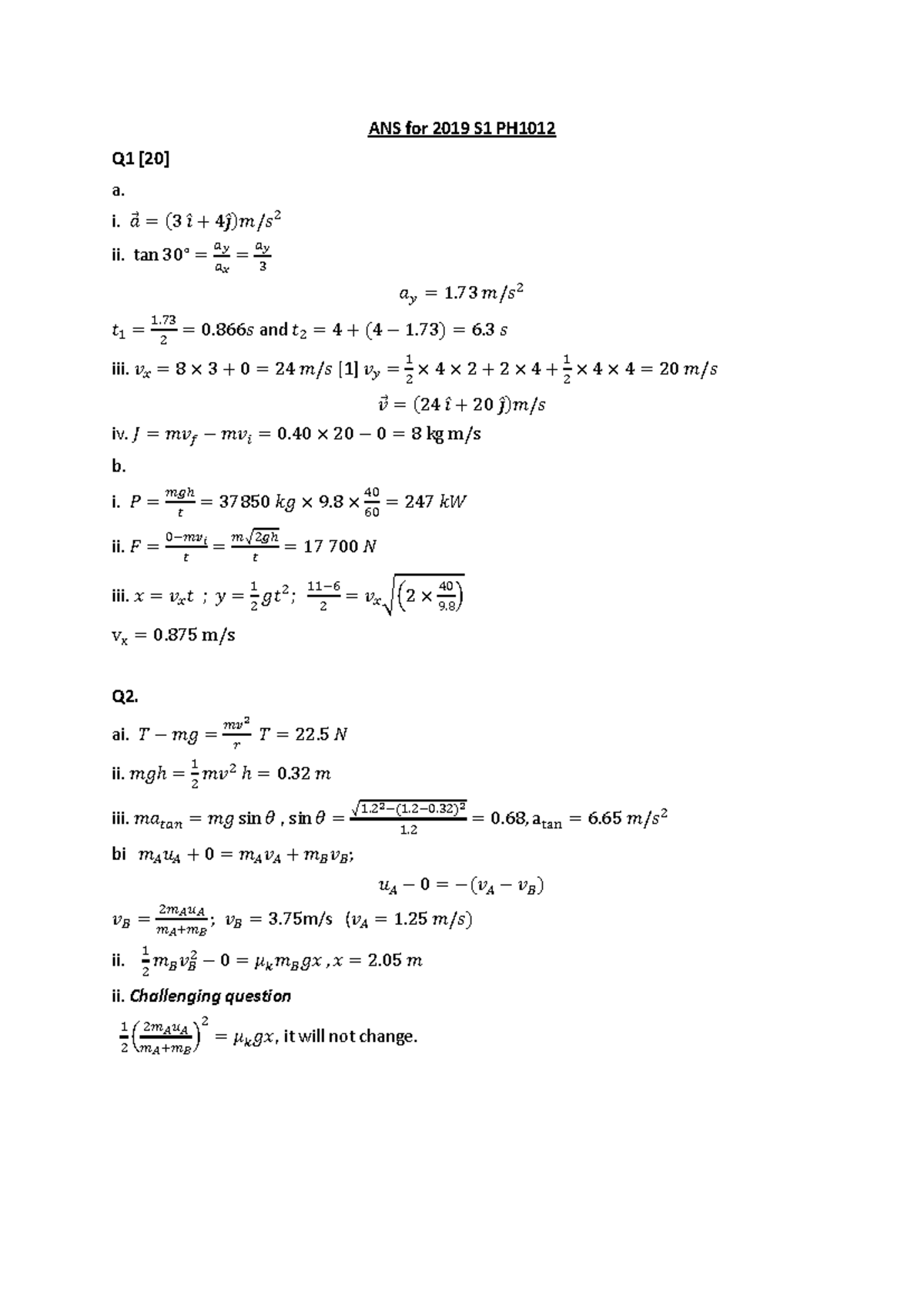 PH1012 2019 S1 Answer Key for Physics Assignments and Exam - Studocu