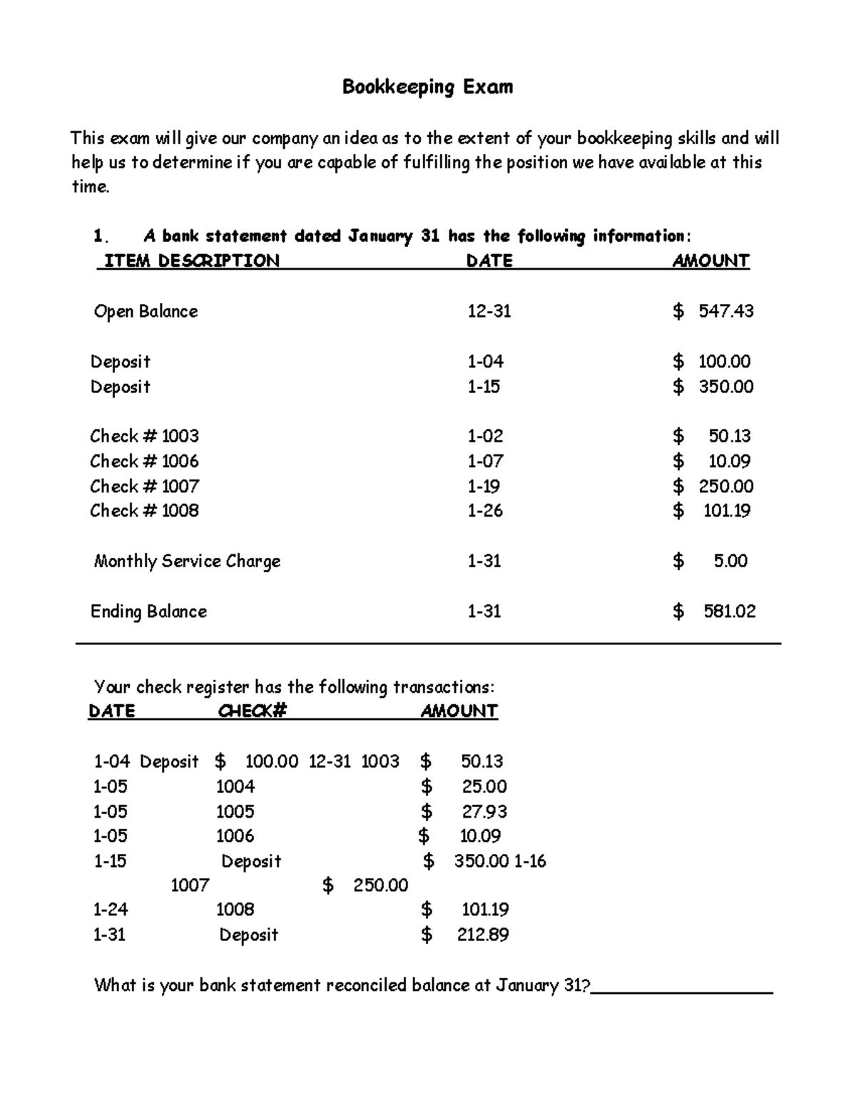 Bookkeeping Questionnaire - Bookkeeping Exam This exam will give our ...