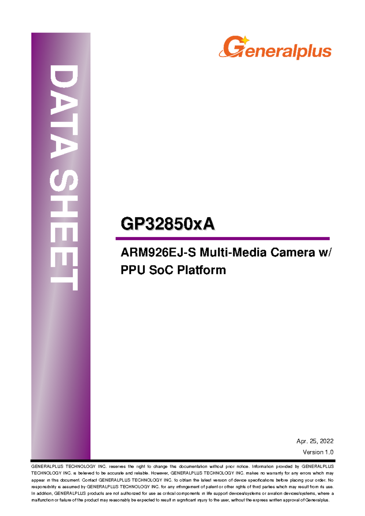 GP32850xA Camera PPU SoC Platform Data Sheet - Version 1.0 - Studocu