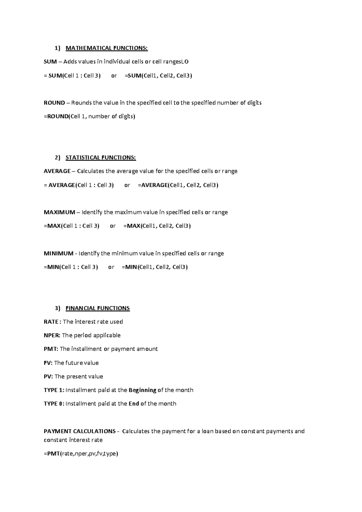 Excel Formulae Summary for Study and Reference - Studocu