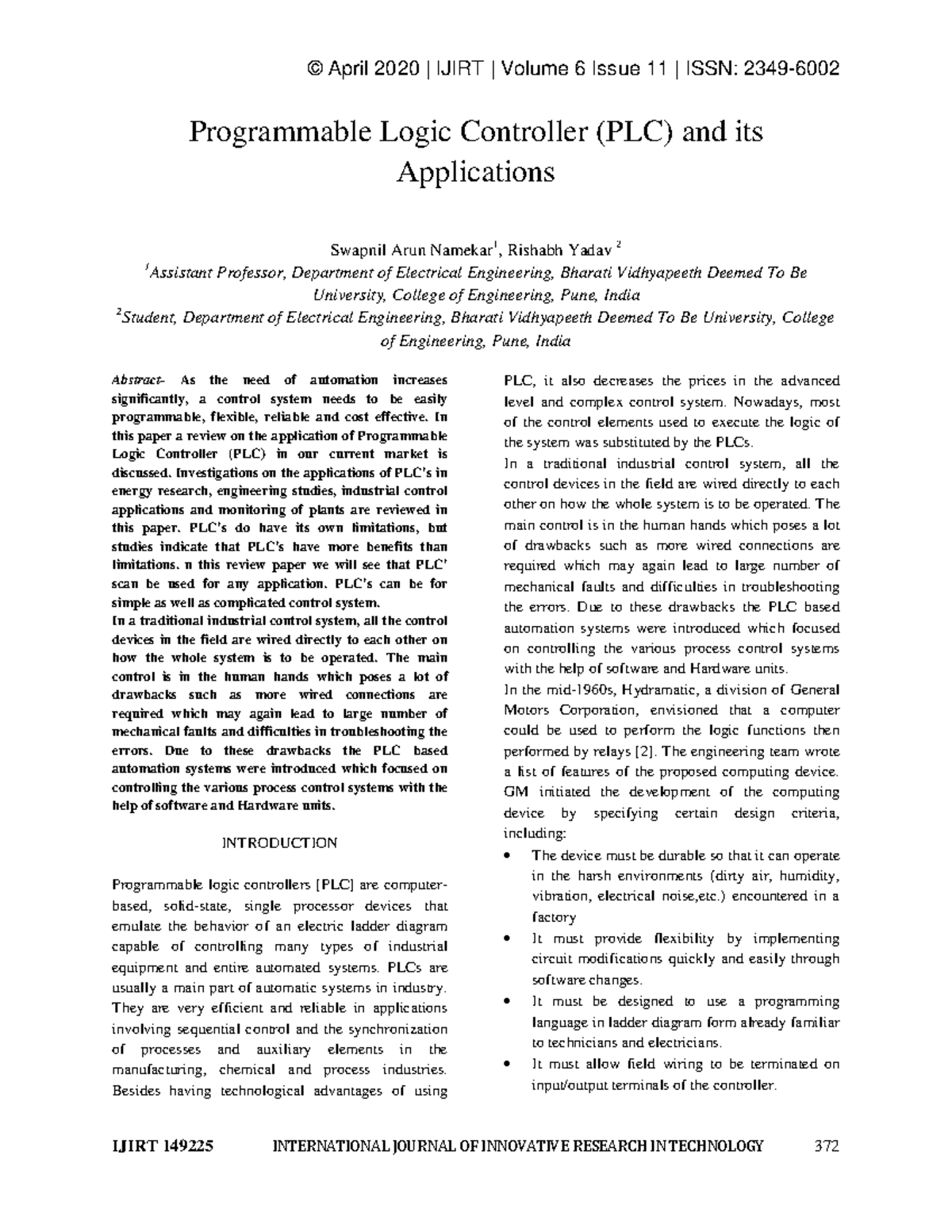 Programmable Logic Controllers (PLC) Applications - IJIRT 149225 Report ...