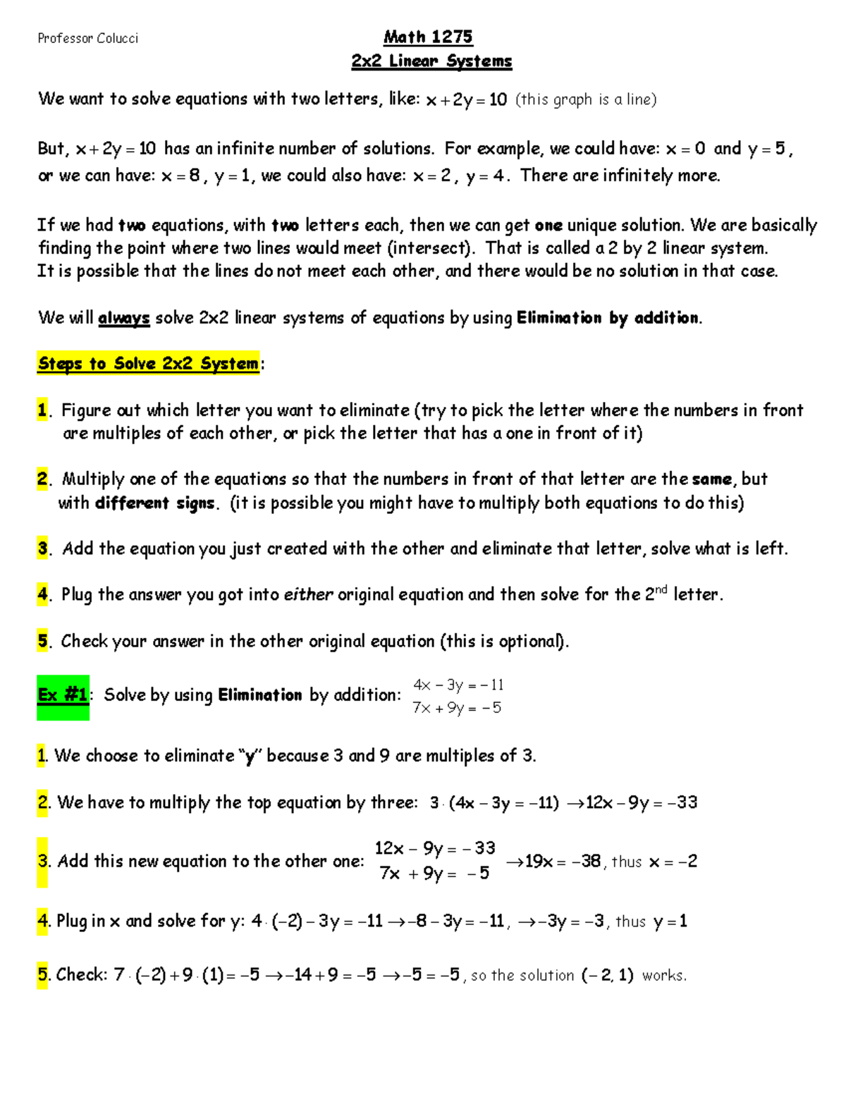 MA1275-Lesson 22 (2x2 Systems) - Professor Colucci Math 1275 2x2 Linear ...