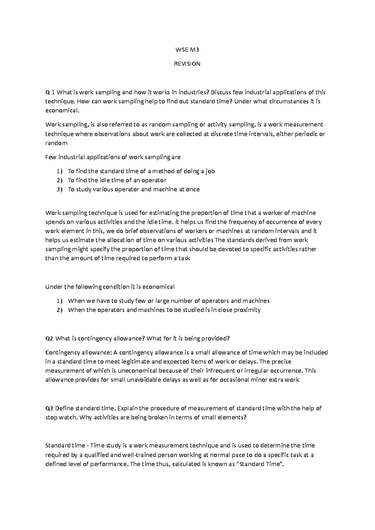 WSE Revision( Paper) M3 - WSE M REVISION Q 1 What is work sampling and ...