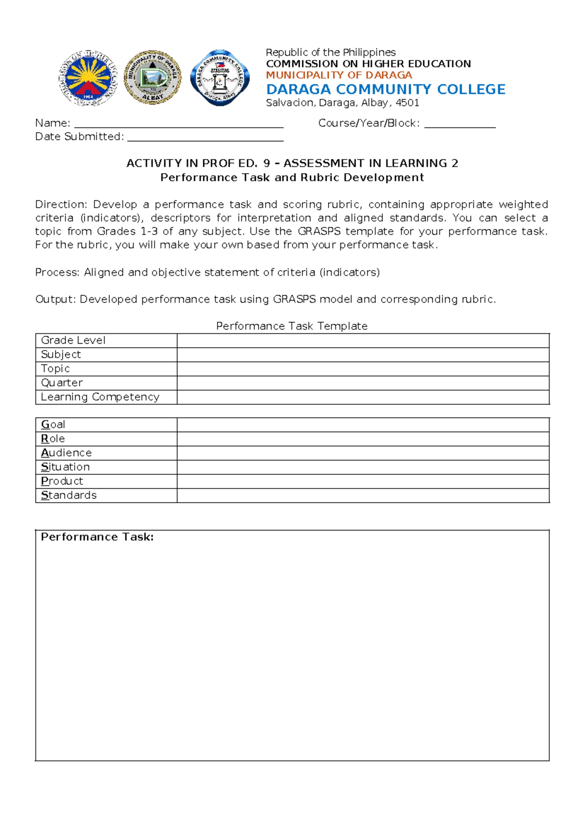 Performance Task Development in Prof Ed 9: Assessment in Learning 2 ...