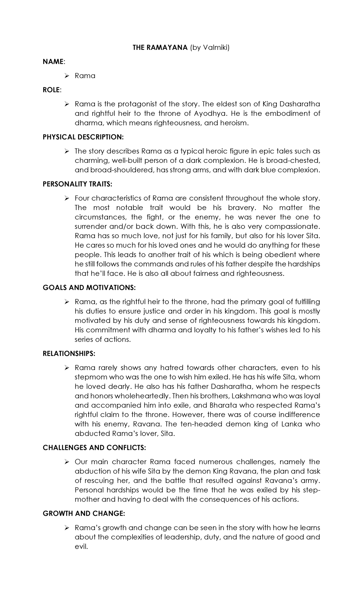 RAMA - Analysis of the Protagonist in THE RAMAYANA Summary - Studocu