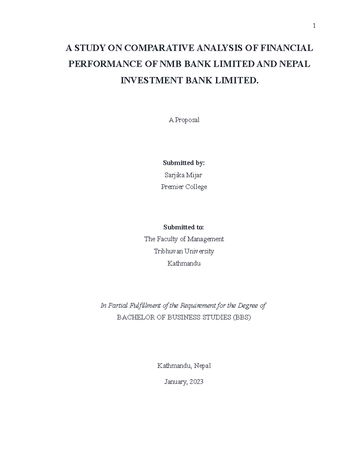 Comparative Financial Performance of NMB Bank & NIBL: A Proposal - Studocu