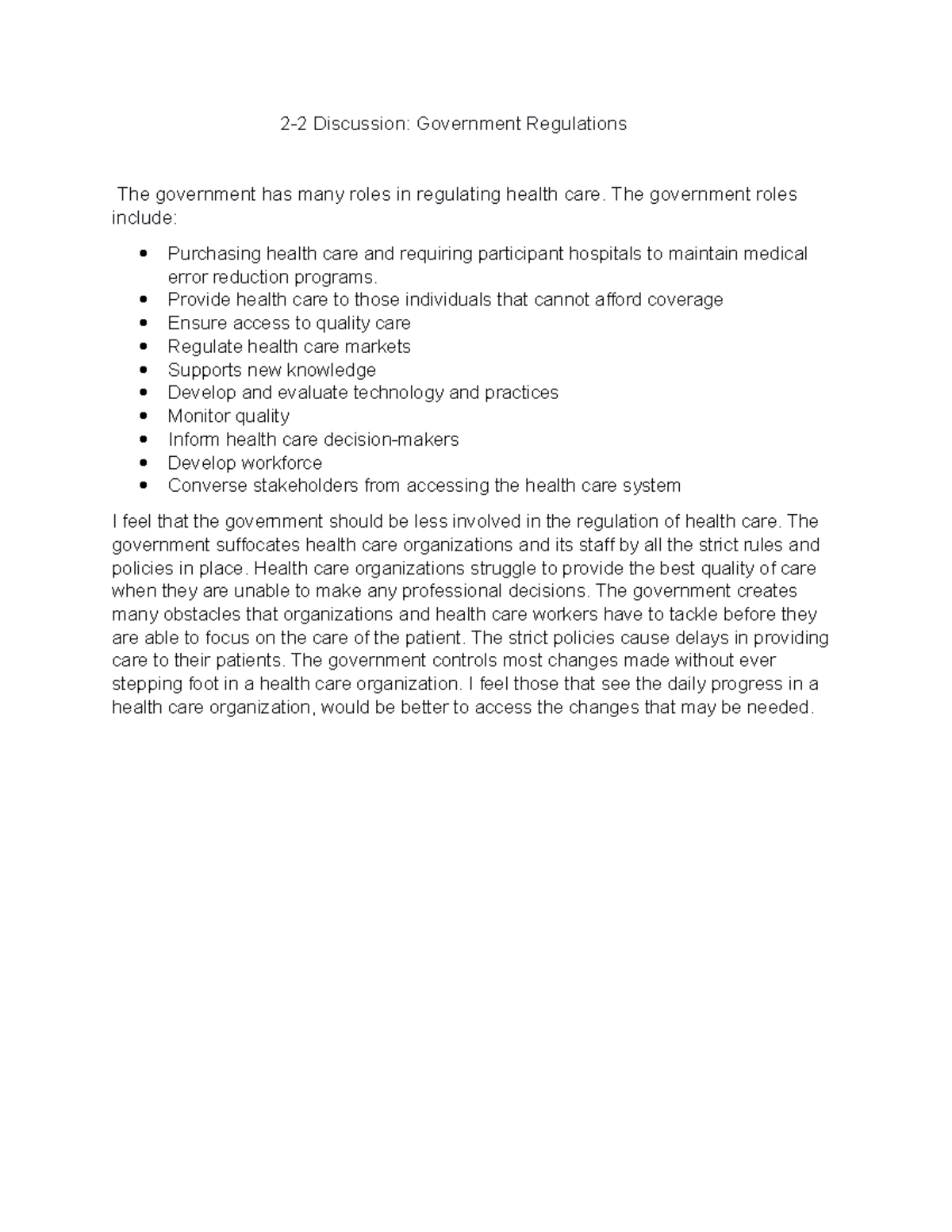 HSC 2.1 Discussion: The Role of Government in Health Care Regulation ...