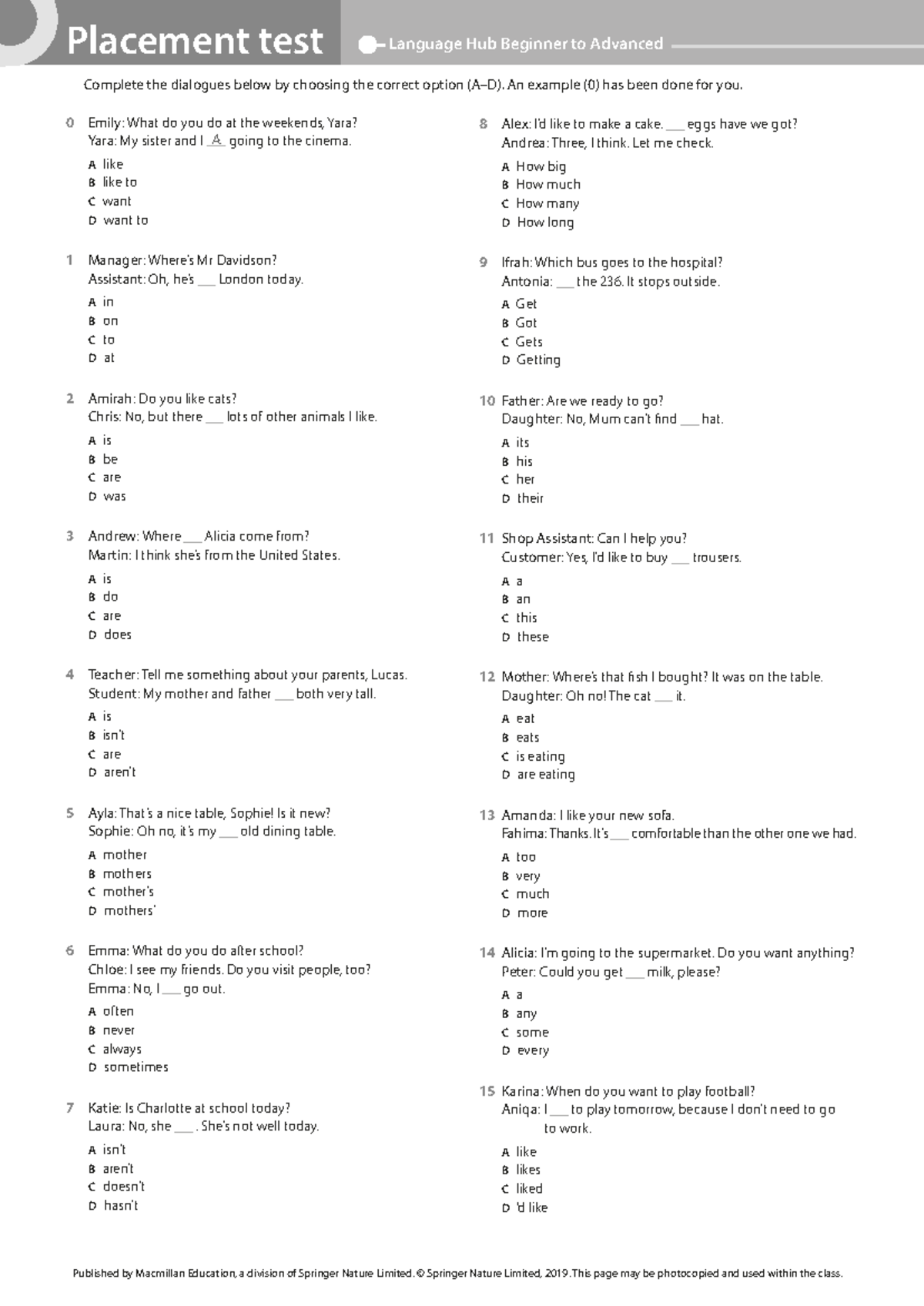 Language Hub Placement Test: Complete Dialogues & Key Answers - Studocu
