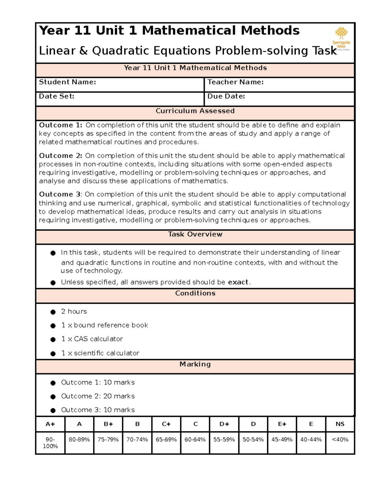 Year 11 Mathematical Methods SAC1: Linear & Quadratic Equations Task ...