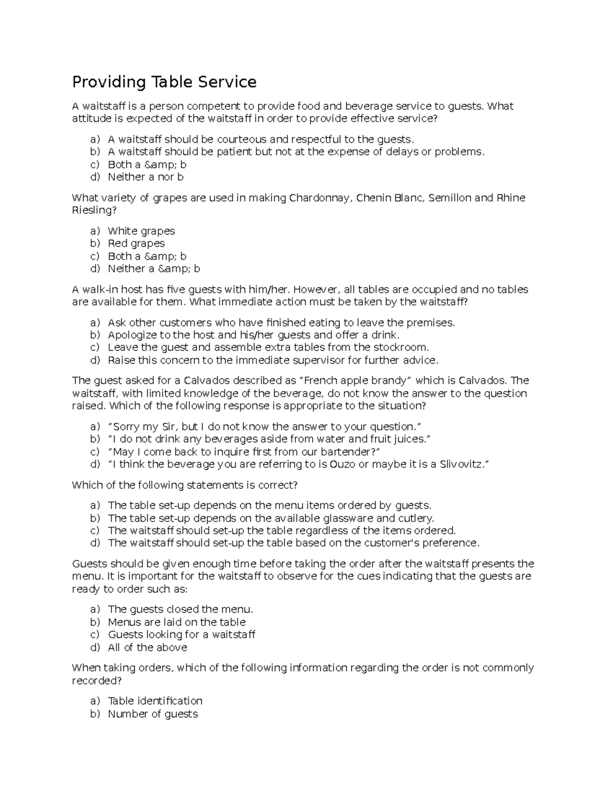 Hospitality Management Exam Part 3 - Providing Table Service USING A ...