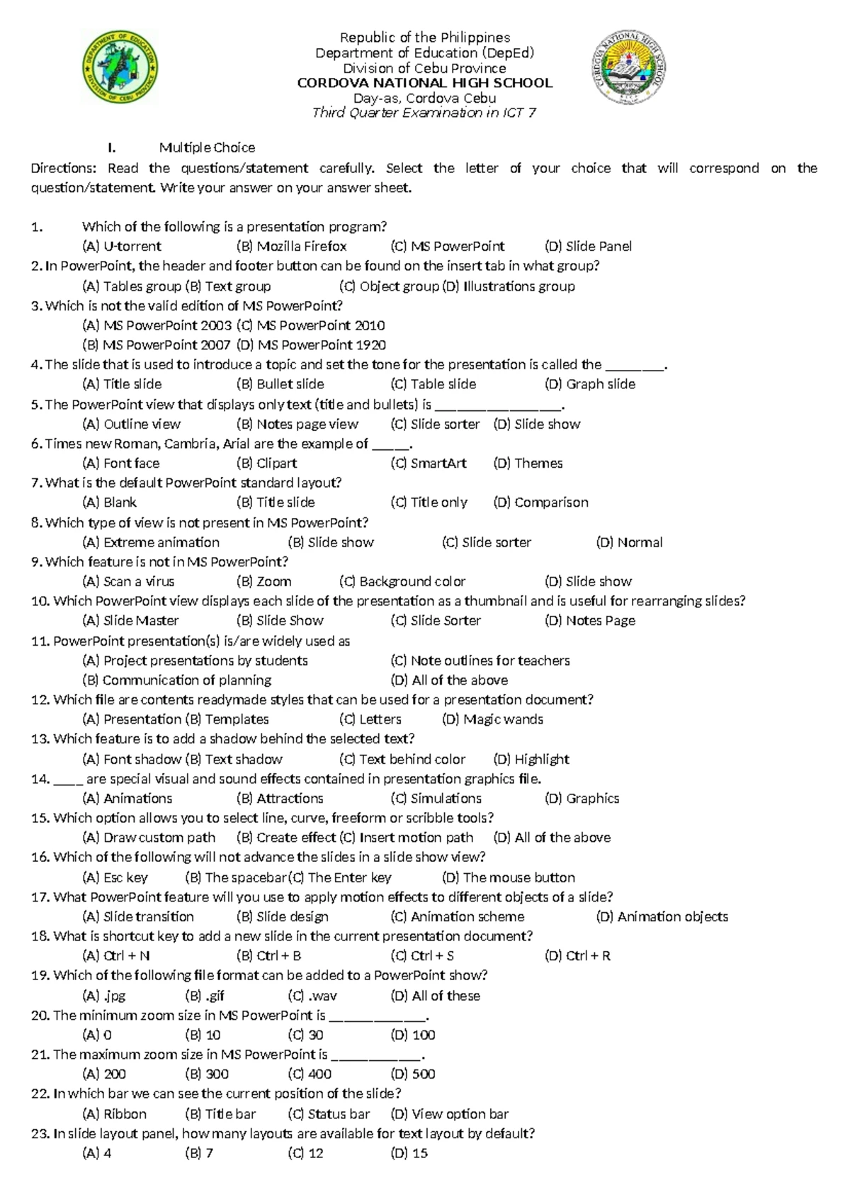 ICT 7 Second Quarter Exam: Microsoft Word Interface & Shortcuts - Studocu