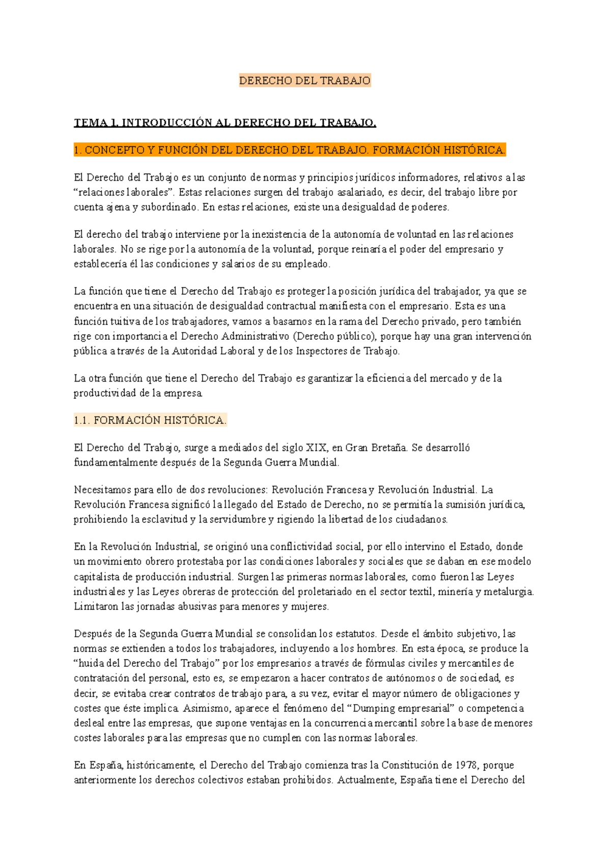 DERECHO DEL TRABAJO: TEMA 1 - CONCEPTOS Y EVOLUCIÓN HISTÓRICA - Studocu