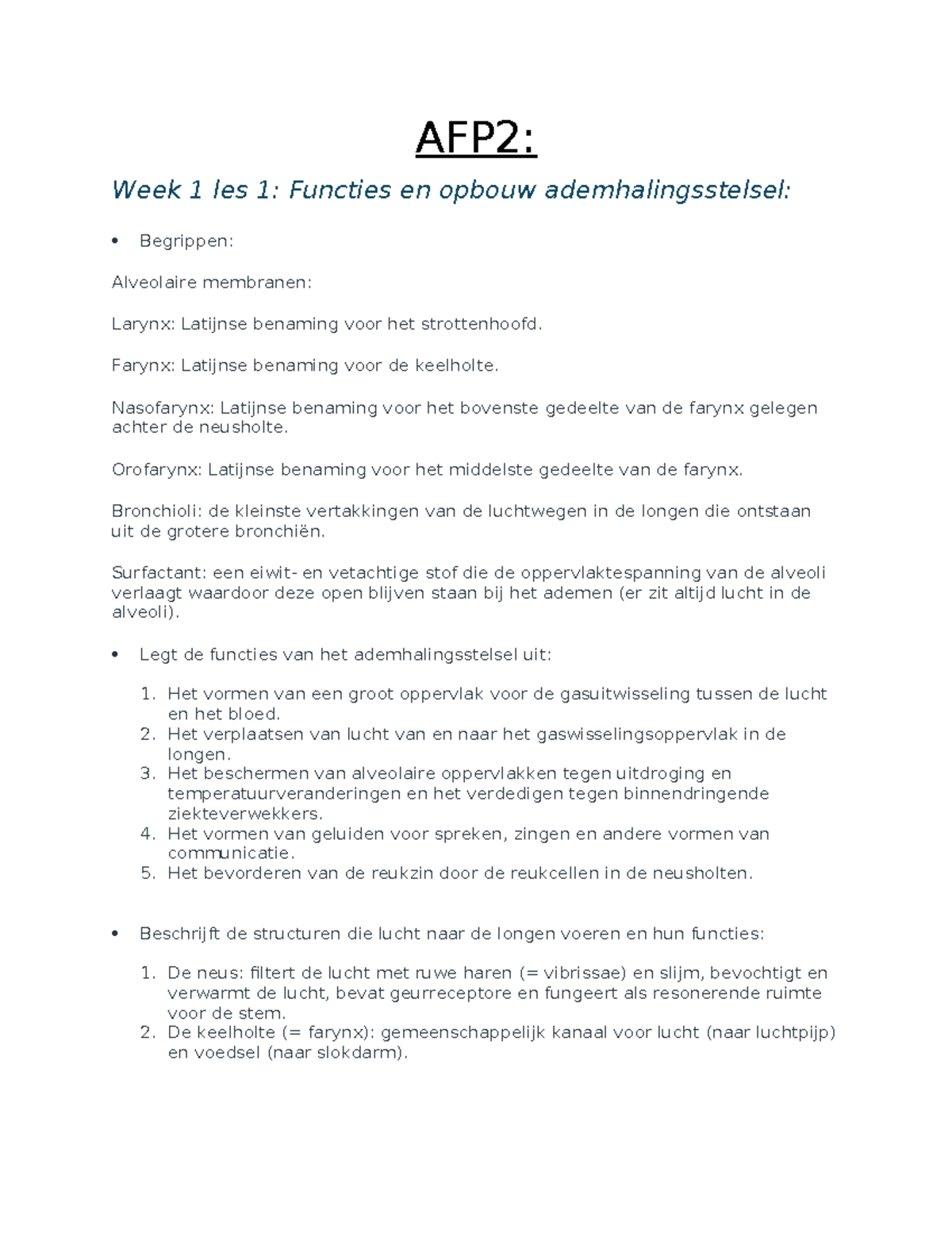 AFP2: Week 1-5 Aantekeningen over Ademhalings- en Endocriene Stelsels ...