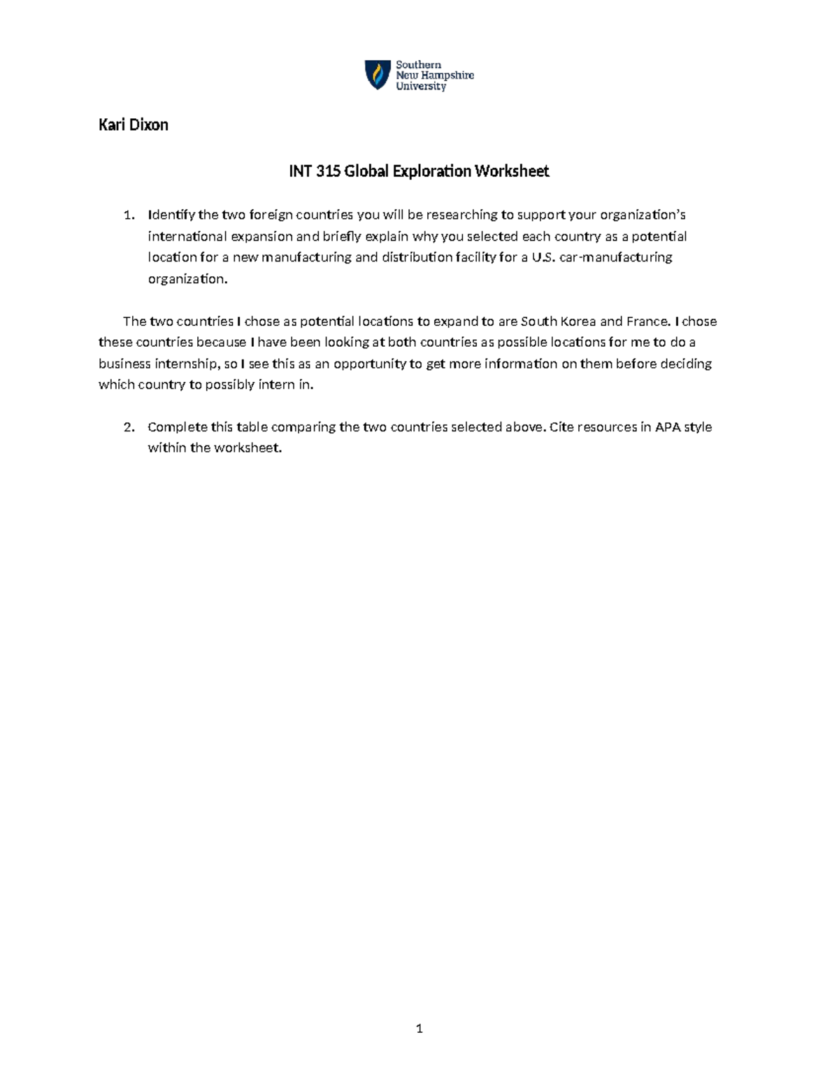 INT 315 Global Exploration: South Korea & France Analysis Worksheet ...