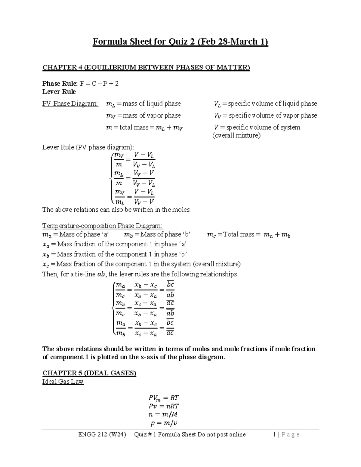 ENGG 212 (W25) Midterm Formula Sheet - Final Exam Draft - Studocu