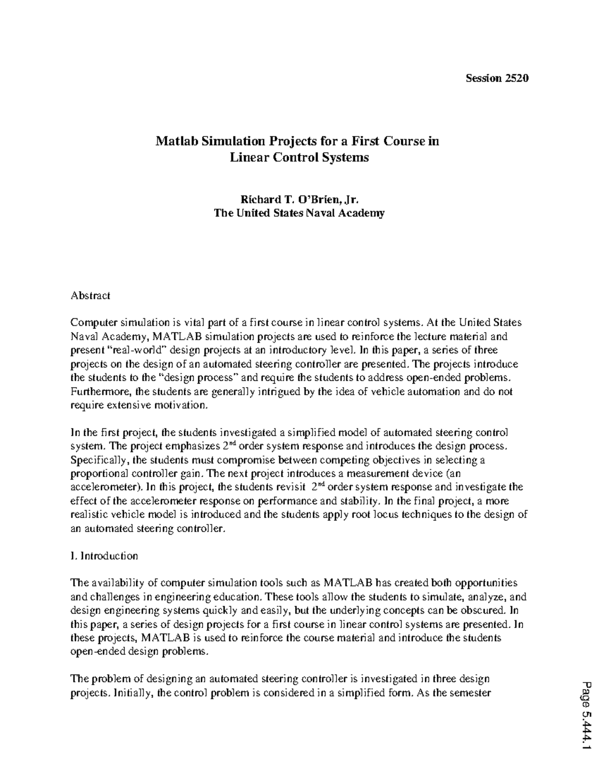 Matlab simulation projects for a first course in linear control systems ...