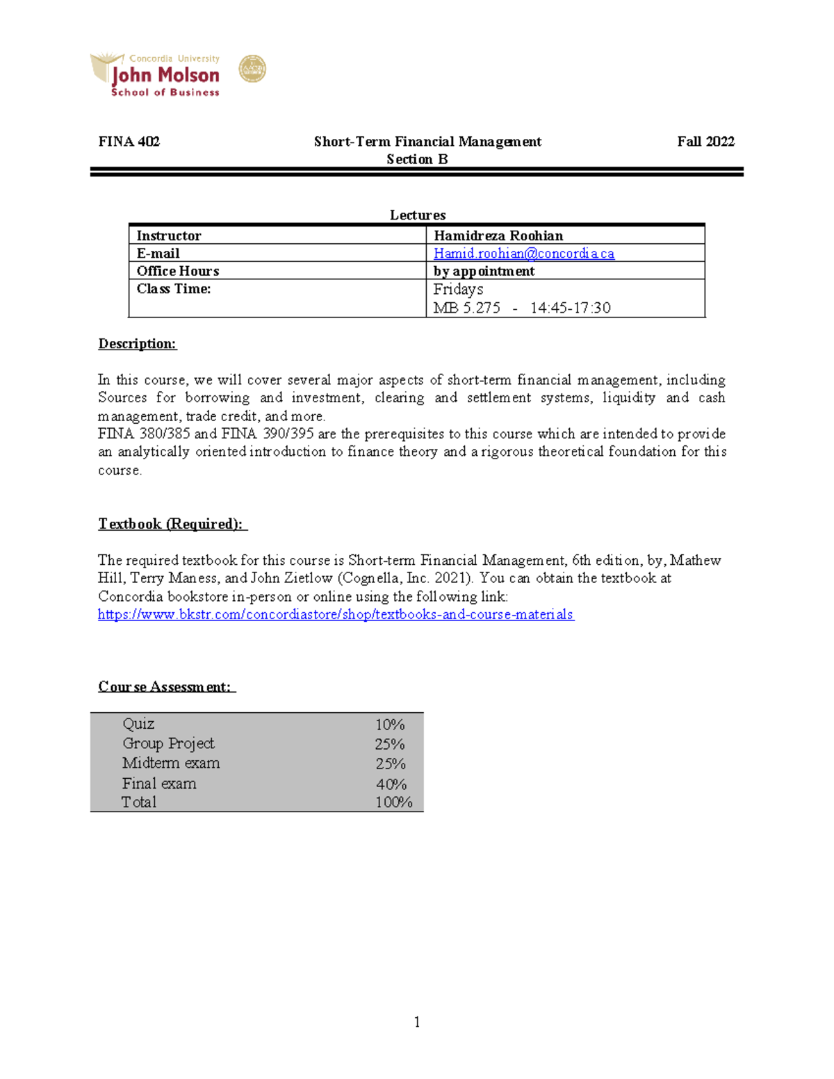 Course outline FINA 402 - FINA 402 Short-Term Financial Management Fall ...