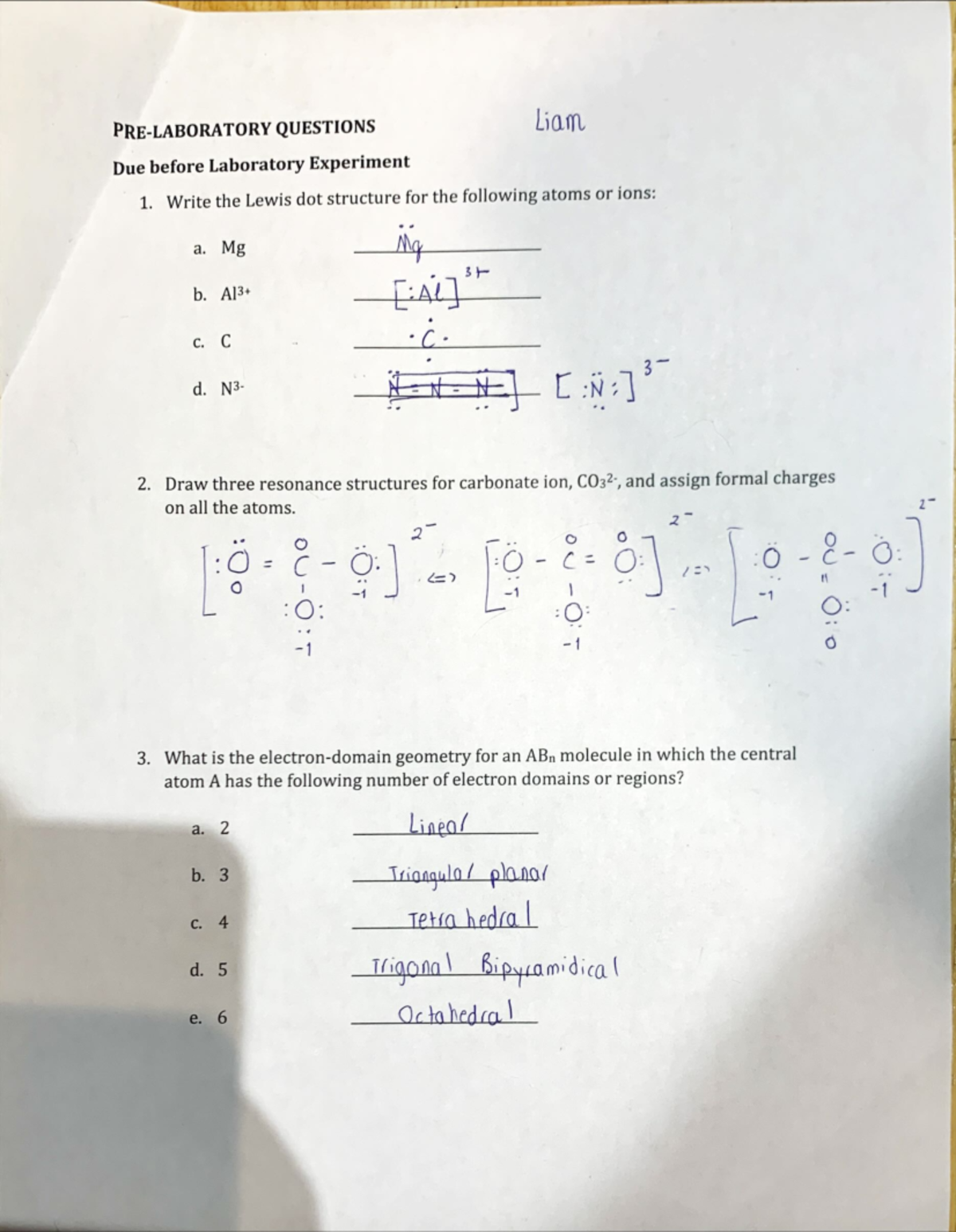 Molecular Geometry and Lewis Structures: CHEM 1111 Lab Experiment 10 ...