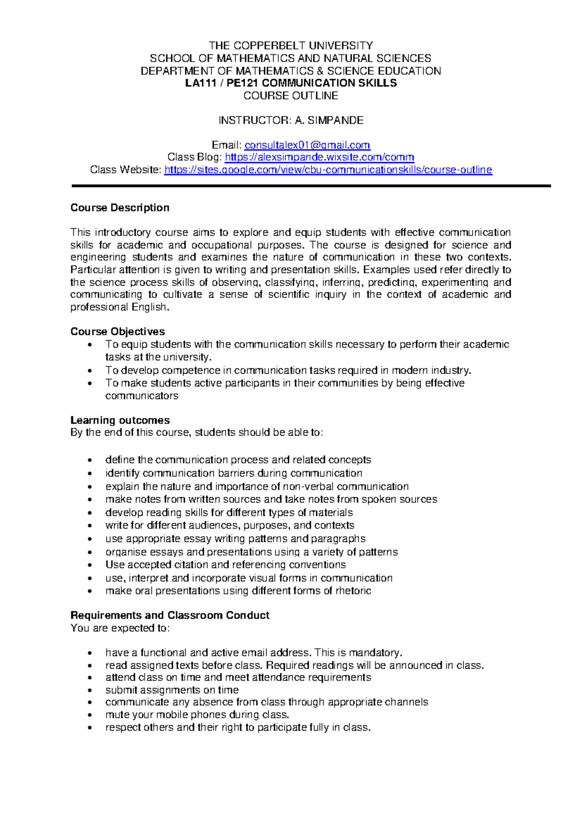 PE121 Communication Skills Course Outline at Copperbelt University ...