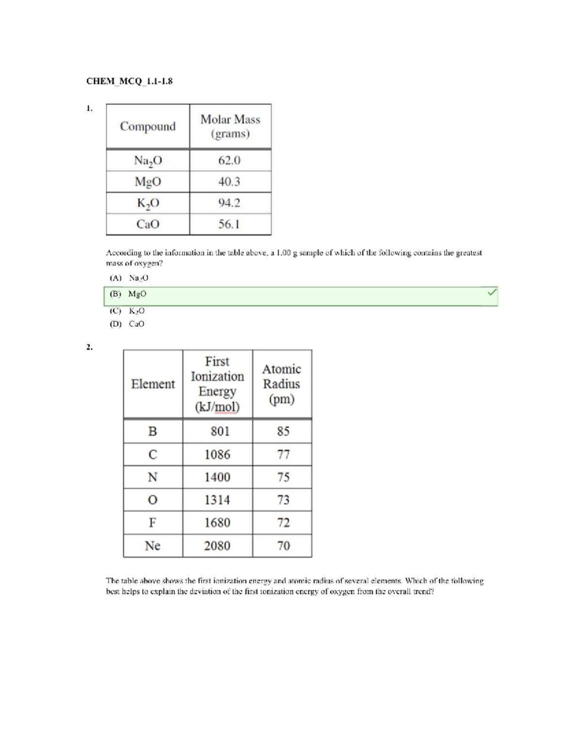 AP Chem Unit 1 MCQ Review and Practice Questions - Studocu