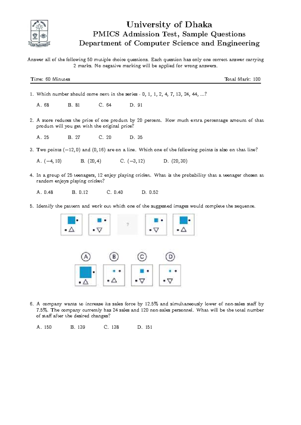 PMICS Admission Test Sample Questions - CSE Department - Studocu