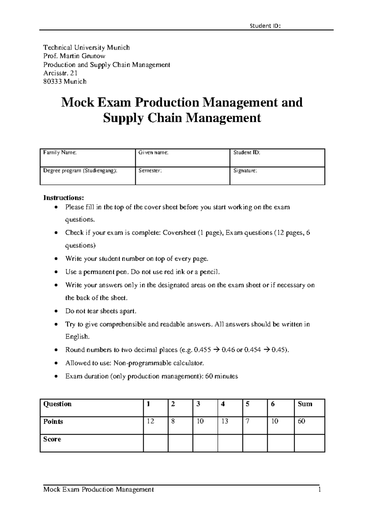 Production Management Mock Exam - PSM 12th Week - Studocu