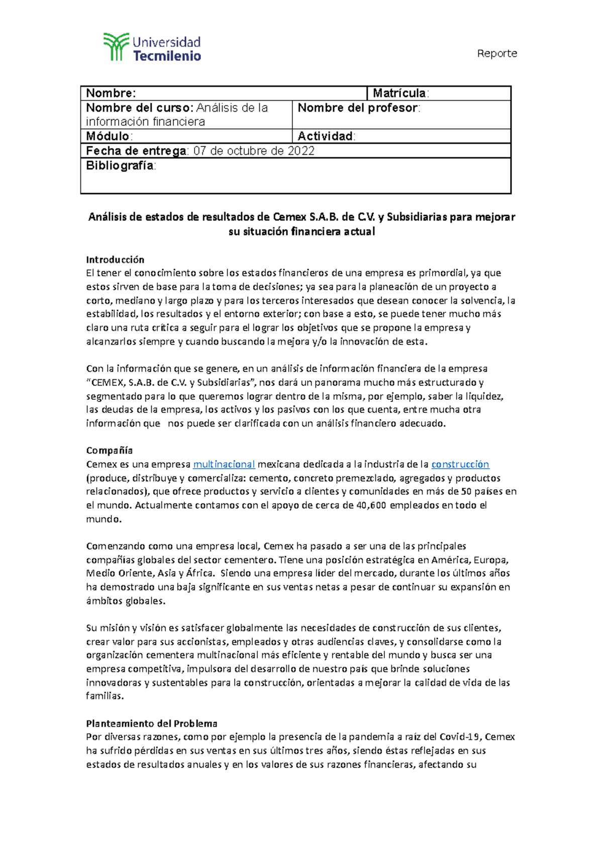 Análisis Financiero de Cemex S.A.B. de C.V. - Evidencia 2 - Studocu