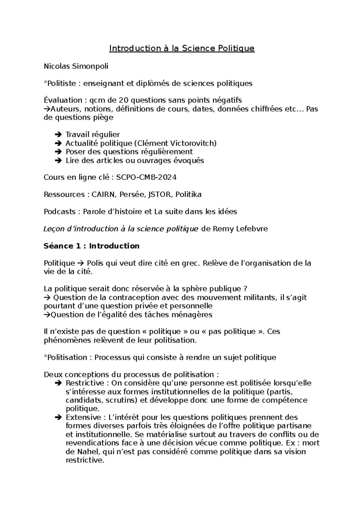 Introduction à la Science Politique - Cours et Évaluation (QCM) - Studocu