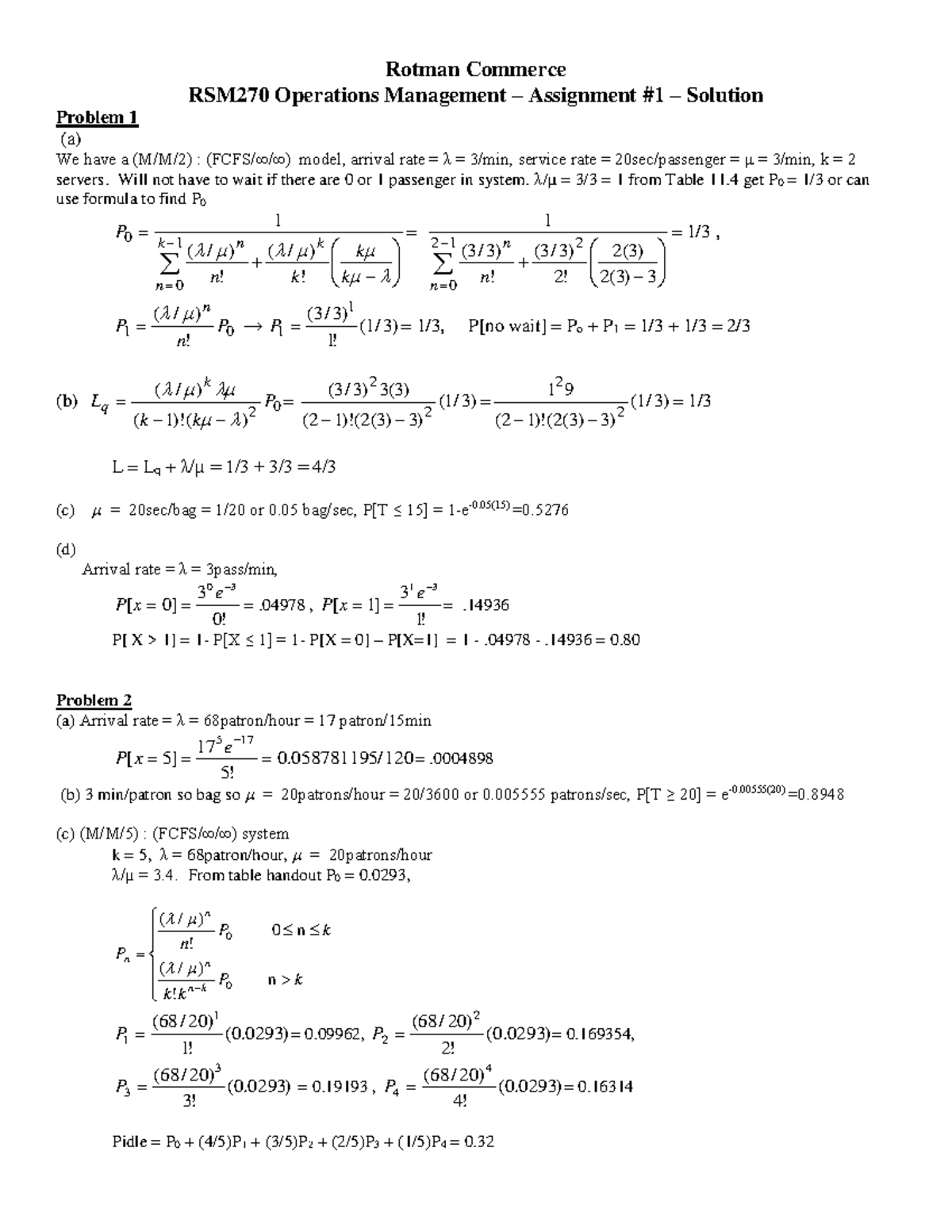 Assignment 1 SOLS - Rotman Commerce RSM270 Operations Management ...