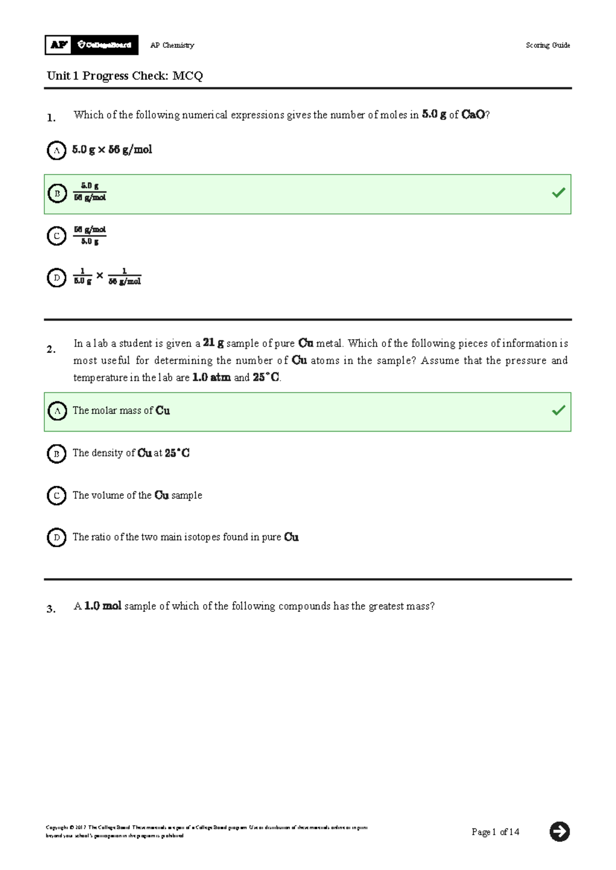 AP Chem Unit 1 Progress check scoring guide Unit 1 Progress Check