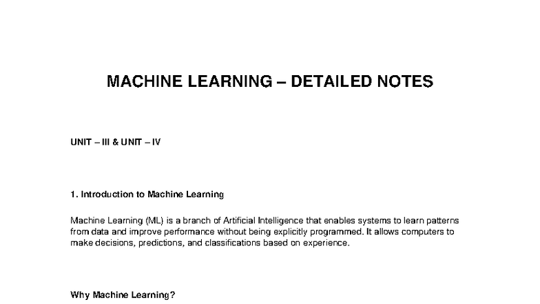 MACHINE LEARNING DETAILED NOTES UNIT IV: CONCEPTS & APPLICATIONS - Studocu