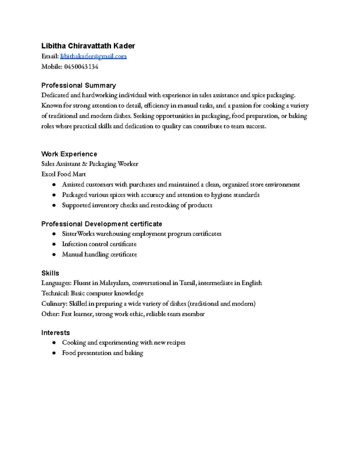 Professional Summary and Skills Overview for Food Industry Roles - Studocu
