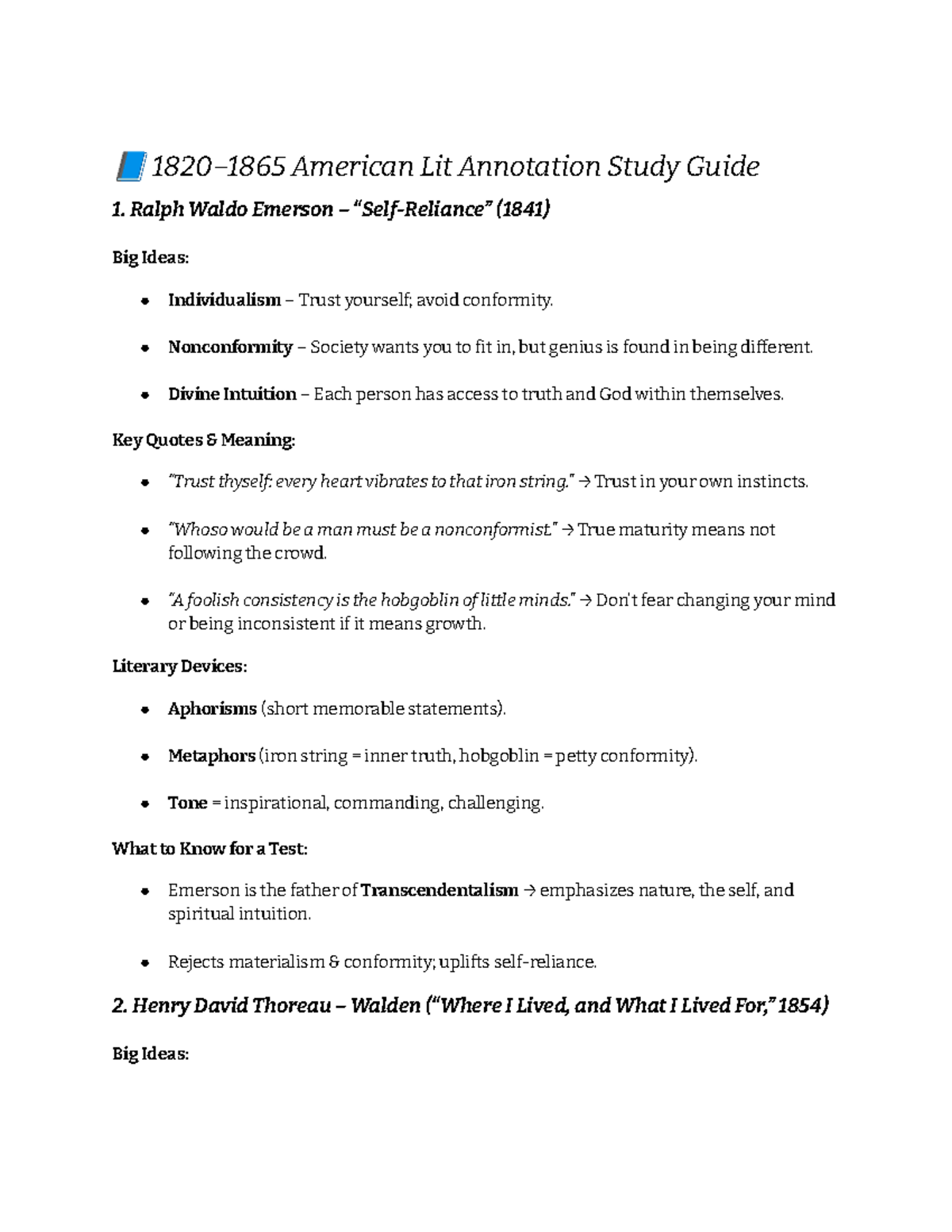 1820-1865 AM Lit Annotation Study Guide: Key Themes & Ideas - Studocu